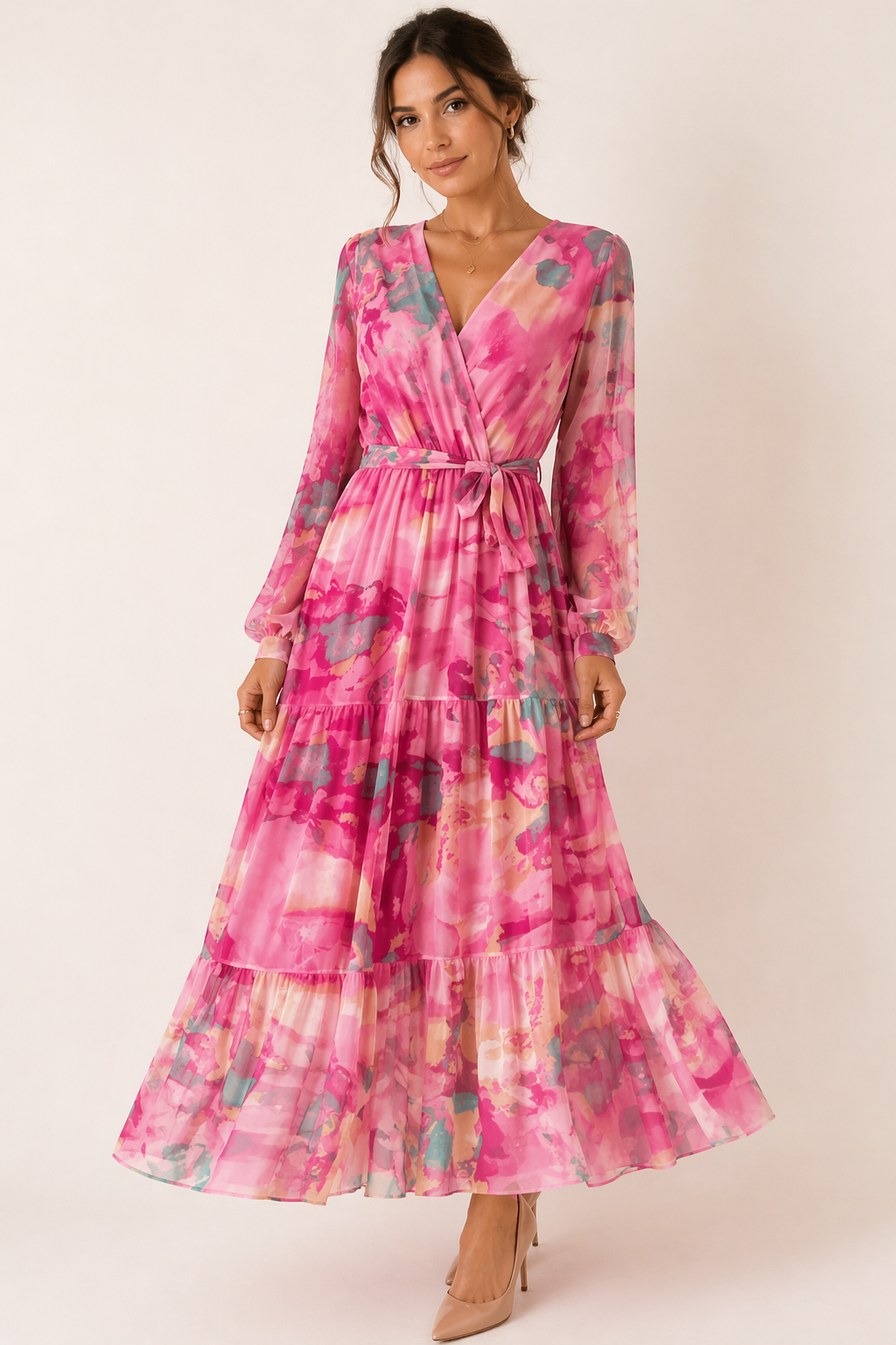 Vestido midi estampado floral manga larga cinturón mujer primavera - Paola