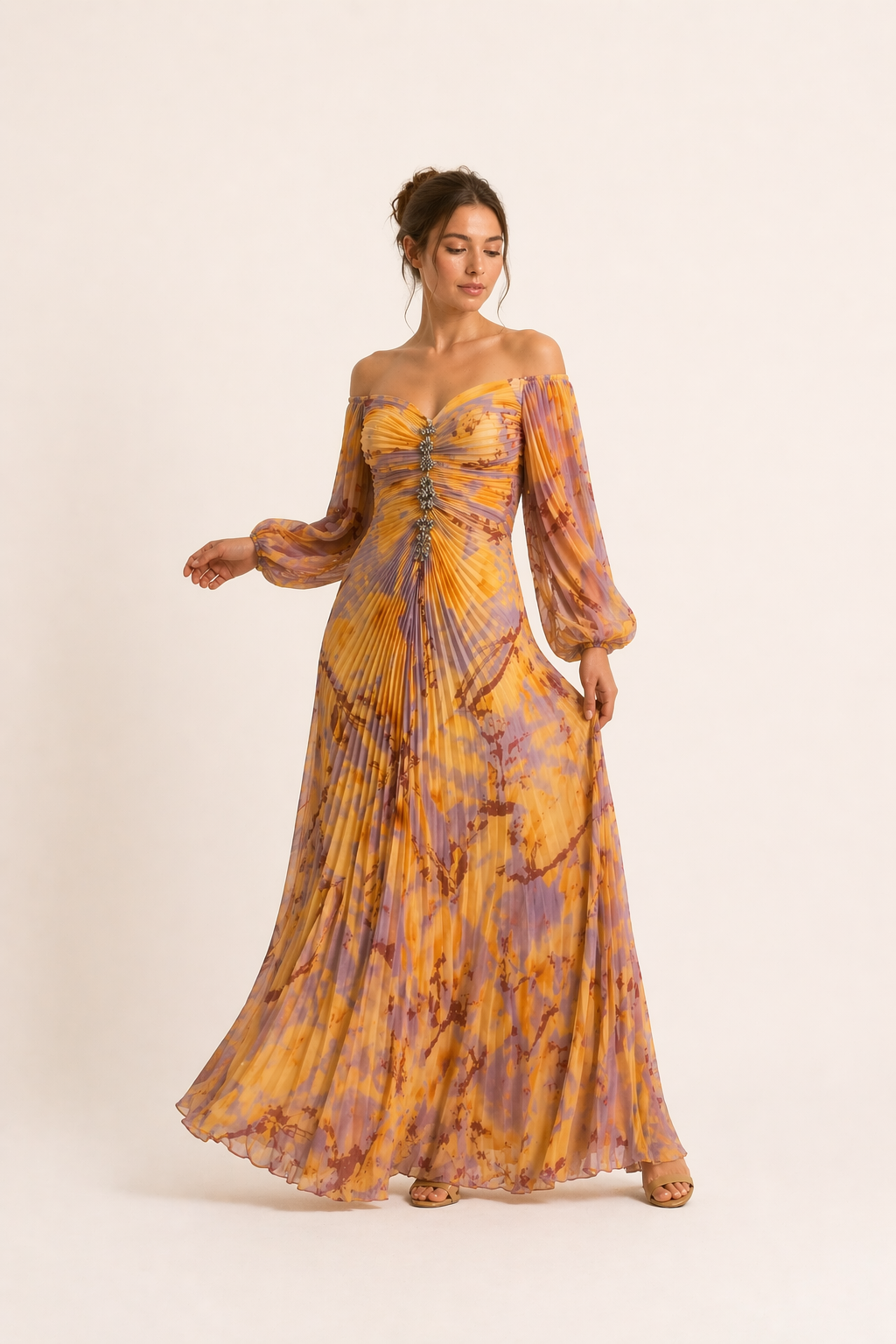 Vestido largo plisado elegante escote recto abertura lateral mujer - Lucía