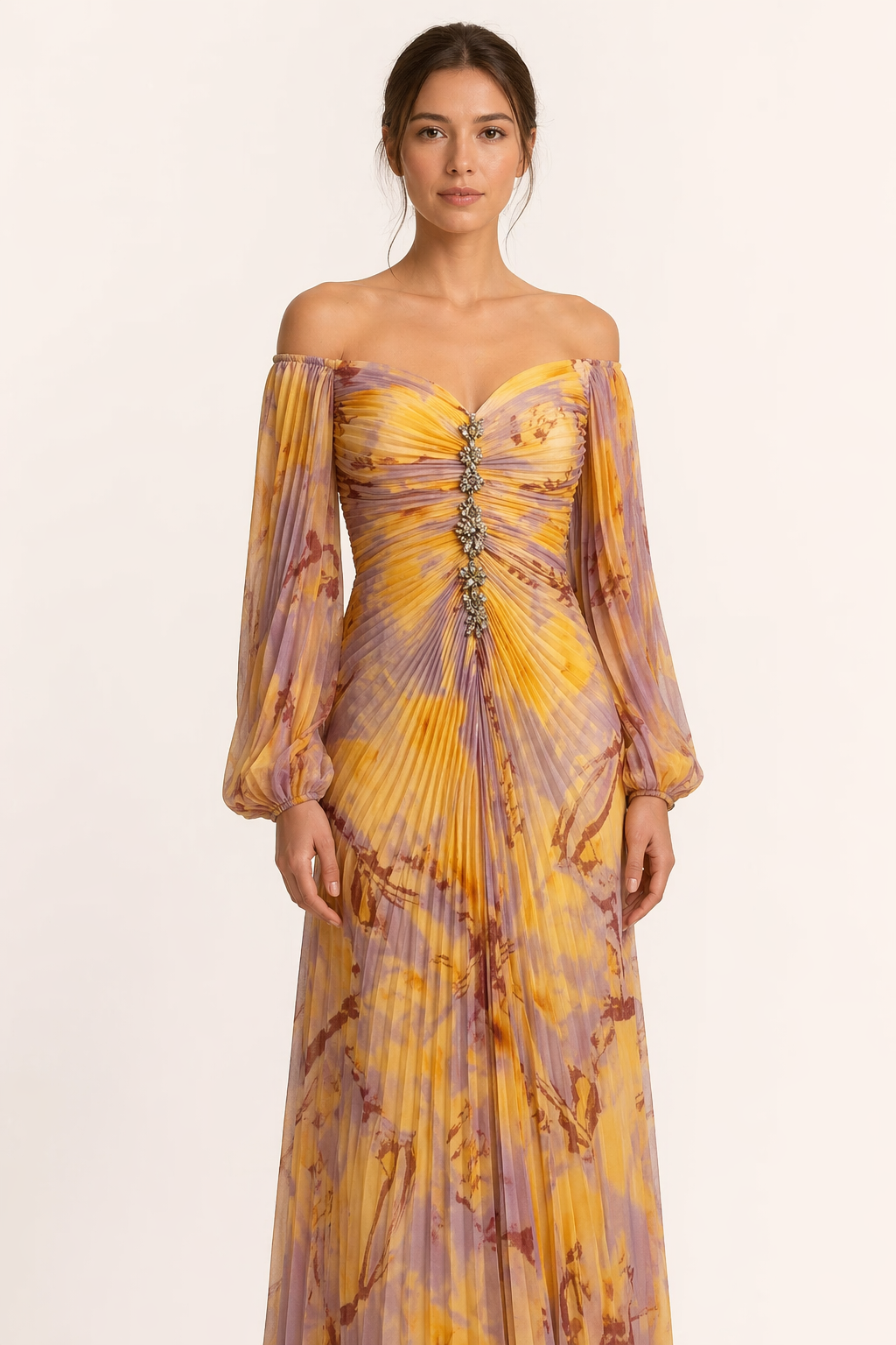 Vestido largo plisado elegante escote recto abertura lateral mujer - Lucía