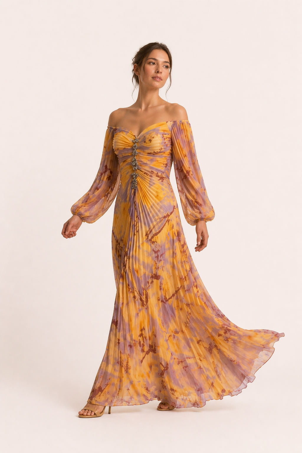Vestido largo plisado elegante escote recto abertura lateral mujer - Lucía