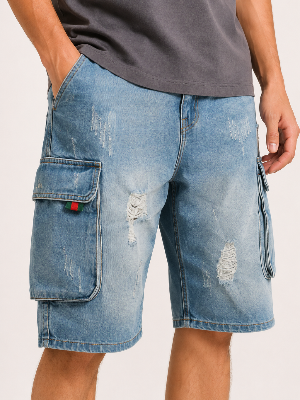 Pantalón corto vaquero hombre cargo bolsillos laterales rotos cinturón - Dietmar