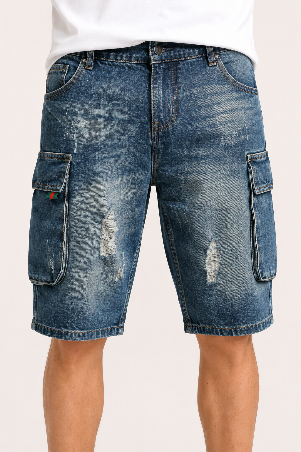 Pantalón corto vaquero hombre cargo bolsillos laterales rotos cinturón - Dietmar