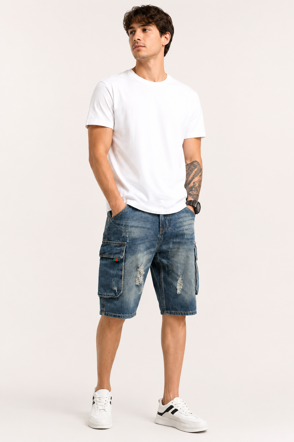 Pantalón corto vaquero hombre cargo bolsillos laterales rotos cinturón - Dietmar