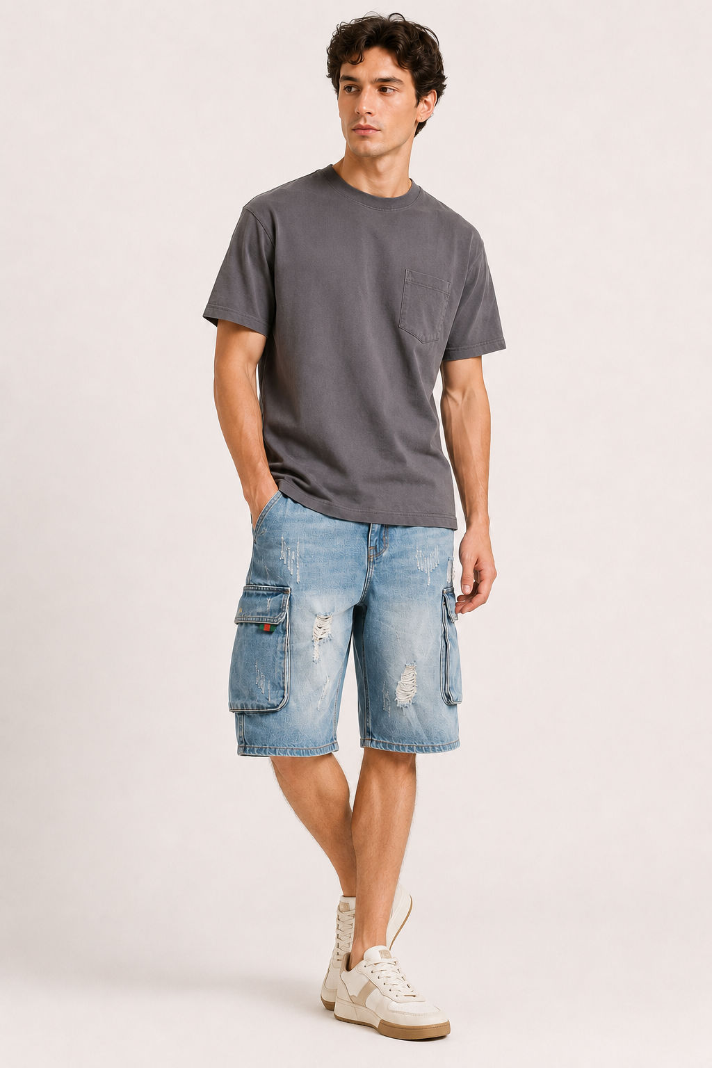 Pantalón corto vaquero hombre cargo bolsillos laterales rotos cinturón - Dietmar