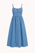 Vestido vaquero midi mujer tirantes finos botones cintura marcada - Hanneli