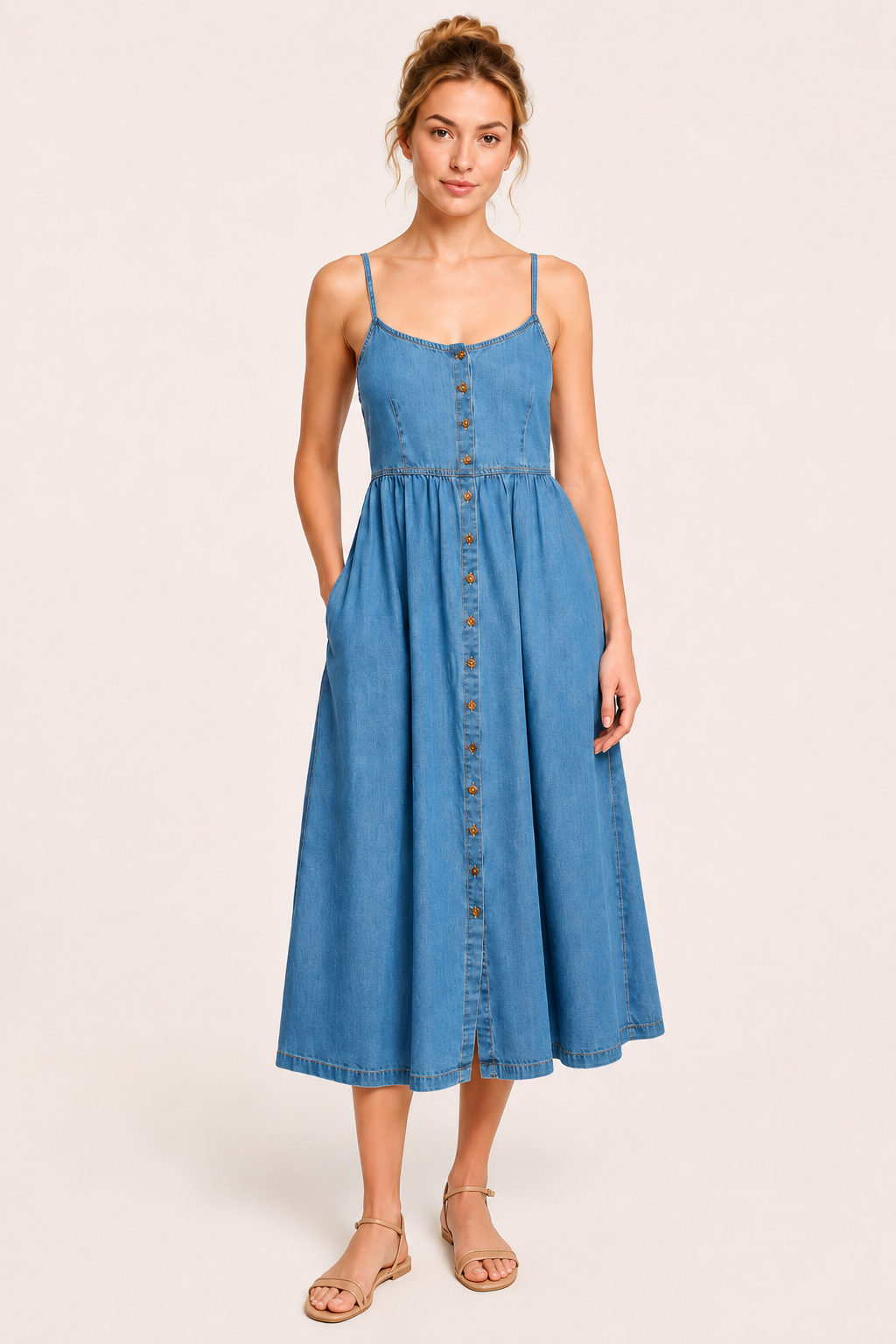 Vestido vaquero midi mujer tirantes finos botones cintura marcada - Hanneli