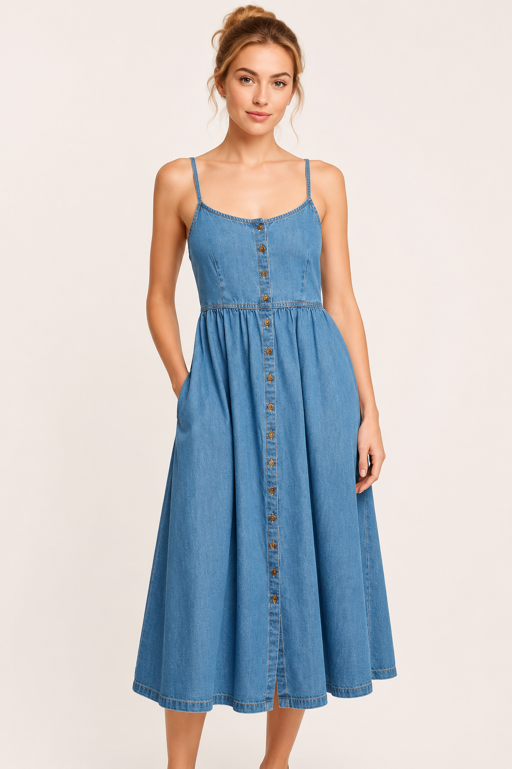 Vestido vaquero midi mujer tirantes finos botones cintura marcada - Hanneli