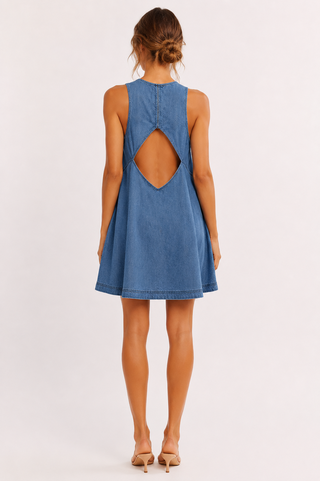 Vestido corto mujer denim sin mangas corte evasé cuello redondo - Elske