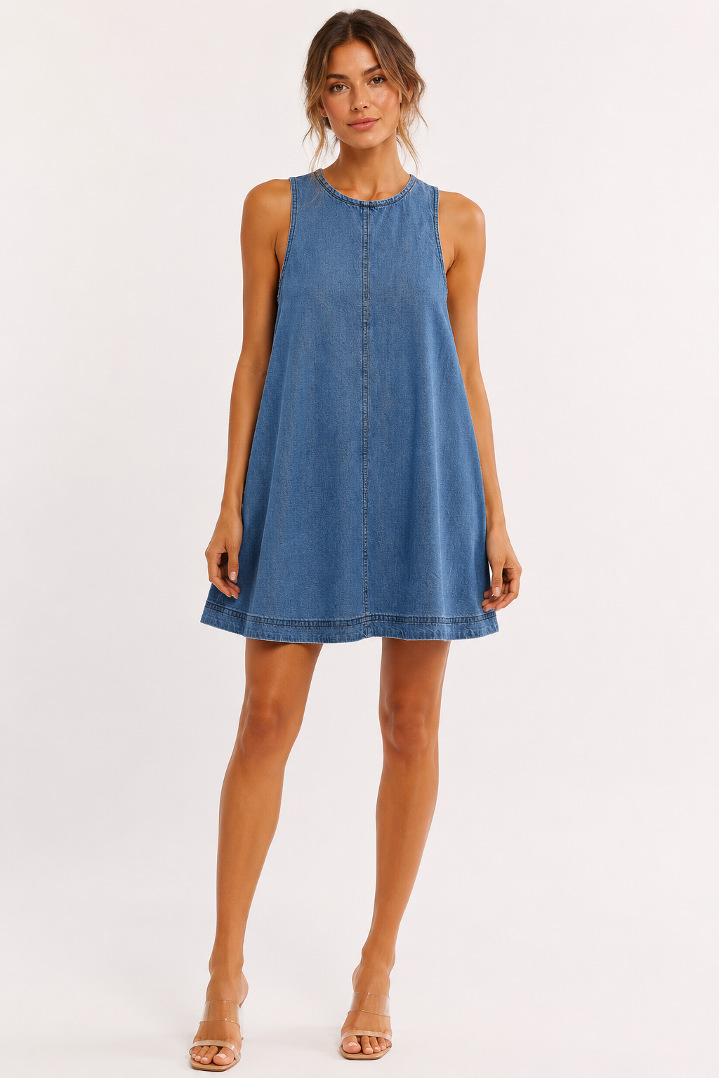 Vestido corto mujer denim sin mangas corte evasé cuello redondo - Elske