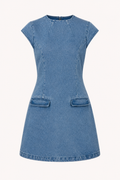 Vestido vaquero corto mujer manga casquillo cuello redondo costuras - Loreen