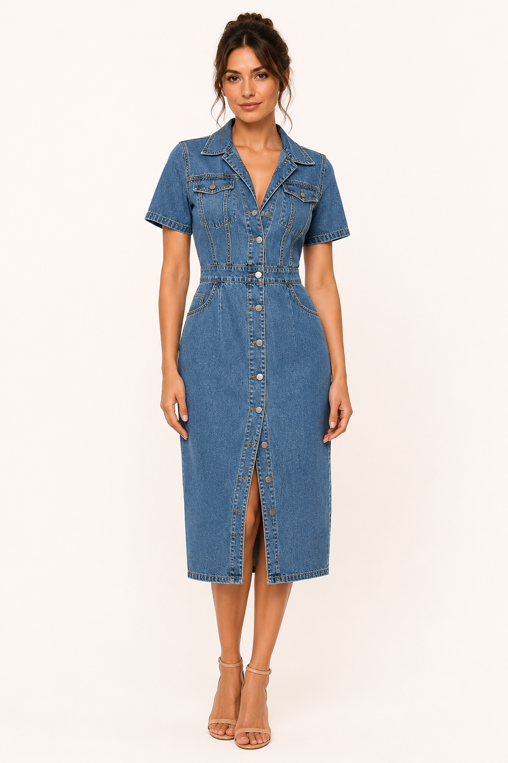 Vestido midi denim mujer cuello camisero botones ajuste entallado - Elara