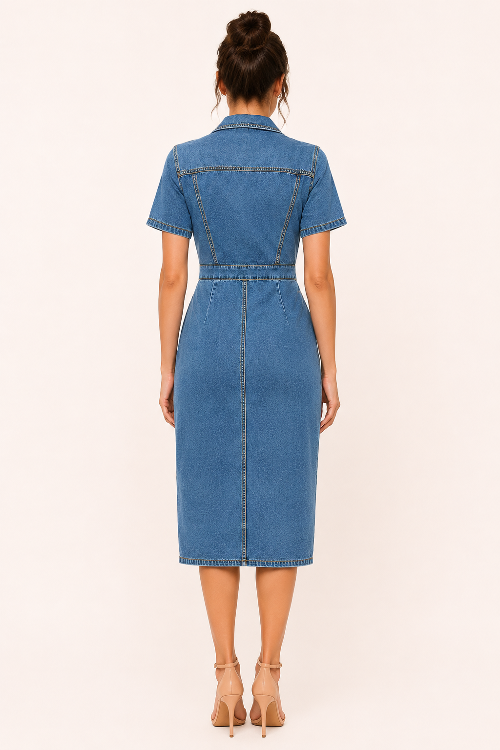 Vestido midi denim mujer cuello camisero botones ajuste entallado - Elara