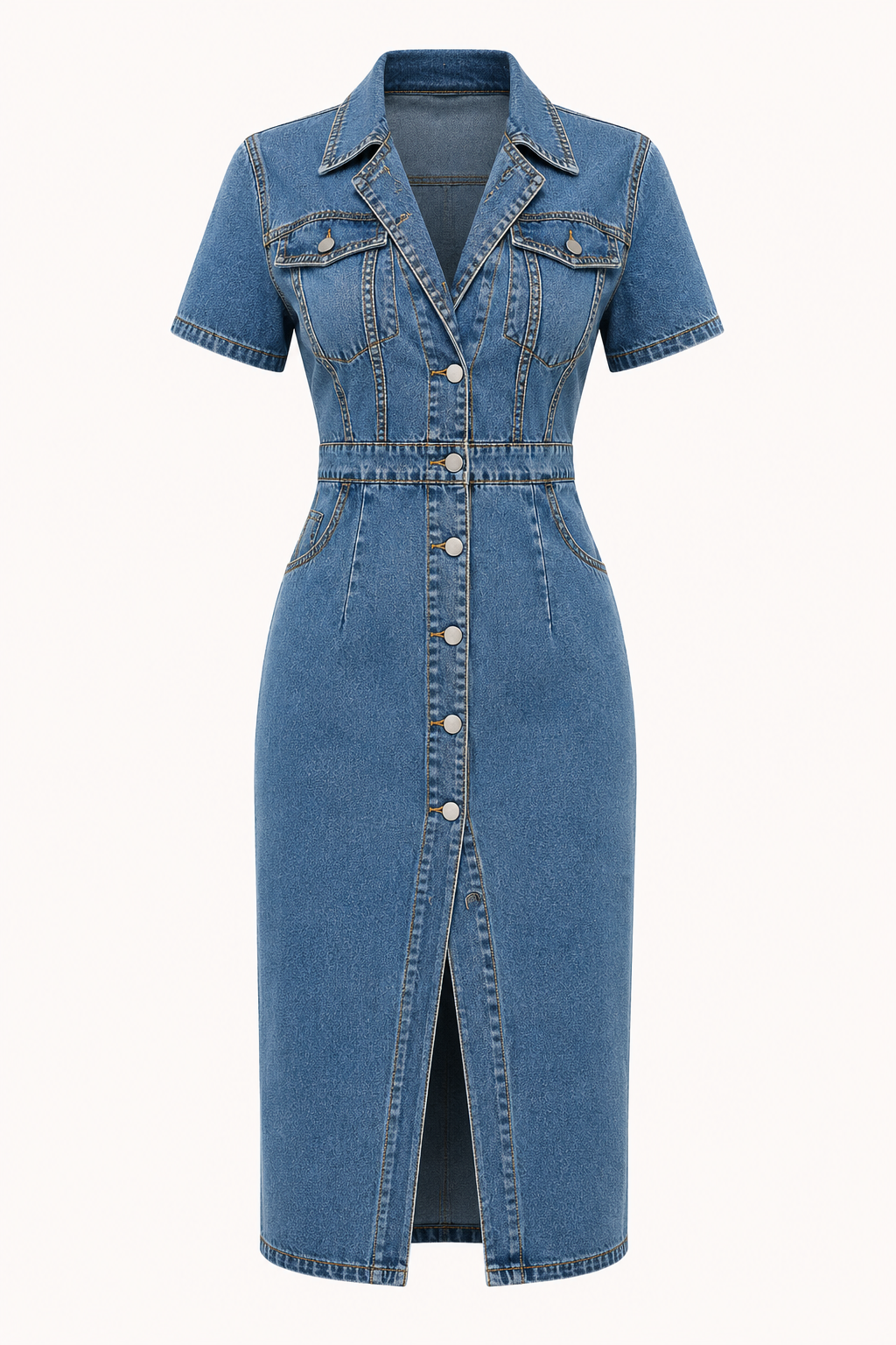 Vestido midi denim mujer cuello camisero botones ajuste entallado - Elara