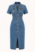 Vestido midi denim mujer cuello camisero botones ajuste entallado - Elara