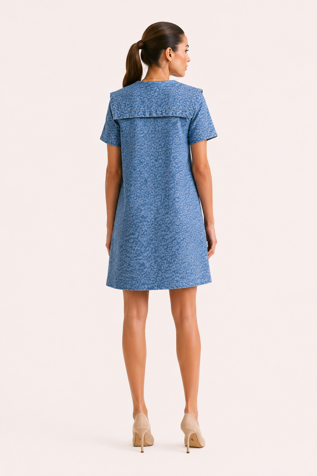 Vestido denim corto mujer cuello marinero manga corta botones estampado - Paula