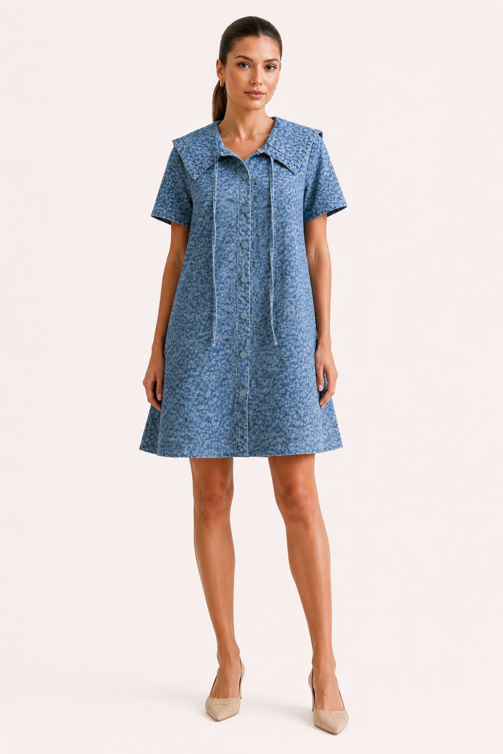 Vestido denim corto mujer cuello marinero manga corta botones estampado - Paula