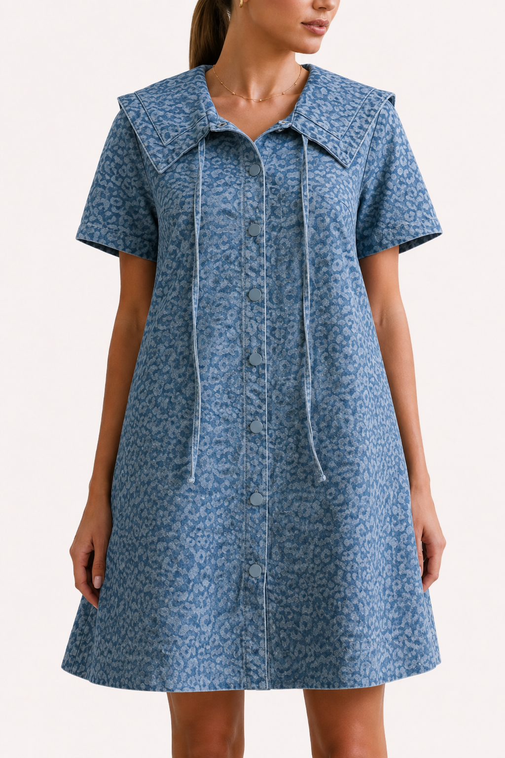 Vestido denim corto mujer cuello marinero manga corta botones estampado - Paula