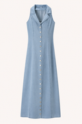 Vestido largo denim mujer sin mangas cuello solapa botones casual - Elara