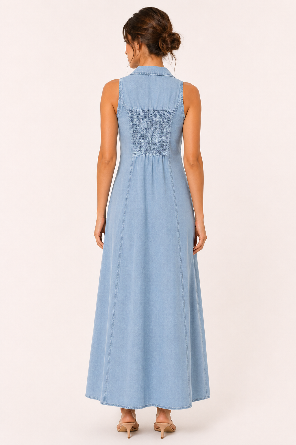 Vestido largo denim mujer sin mangas cuello solapa botones casual - Elara
