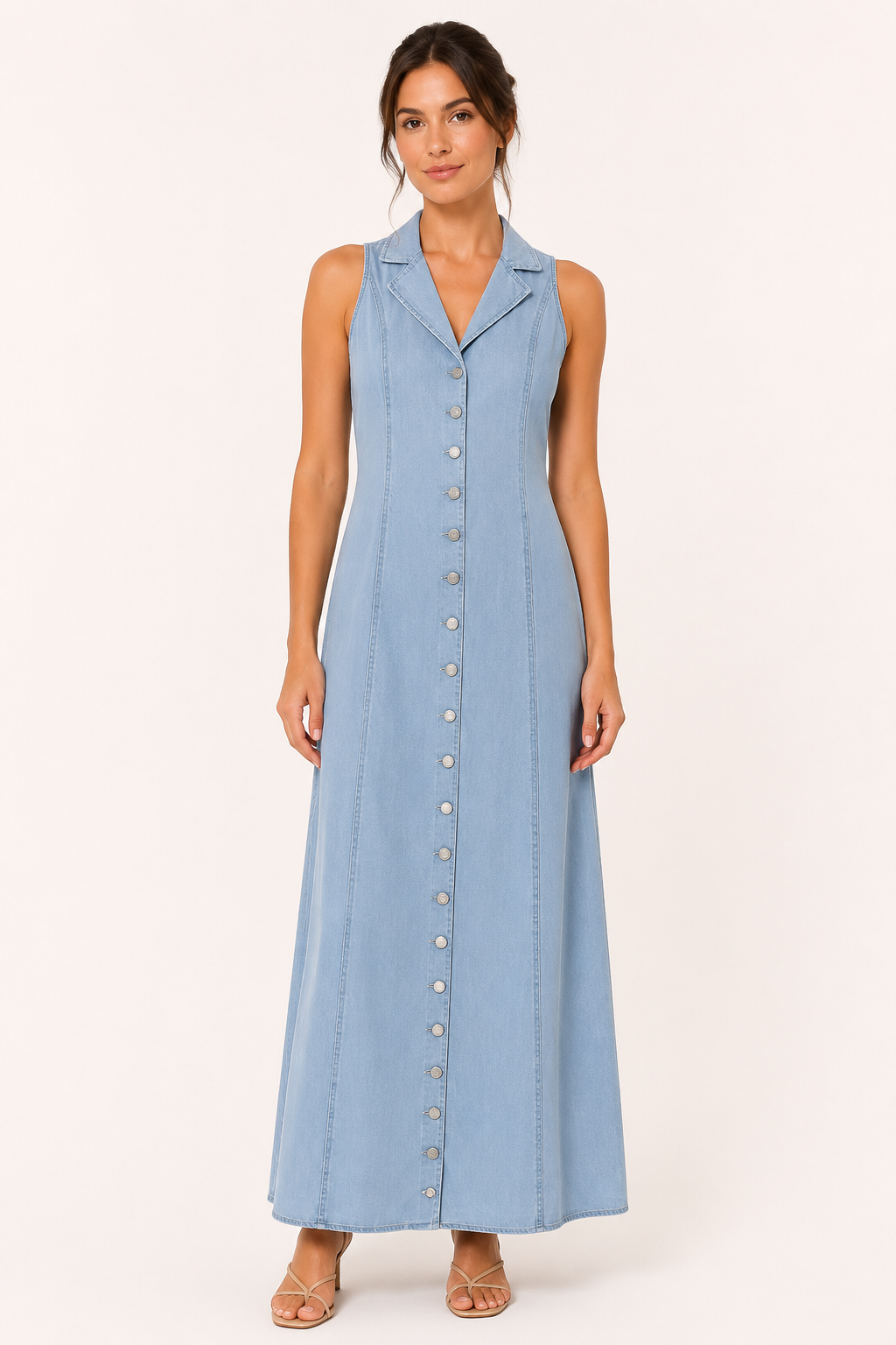 Vestido largo denim mujer sin mangas cuello solapa botones casual - Elara