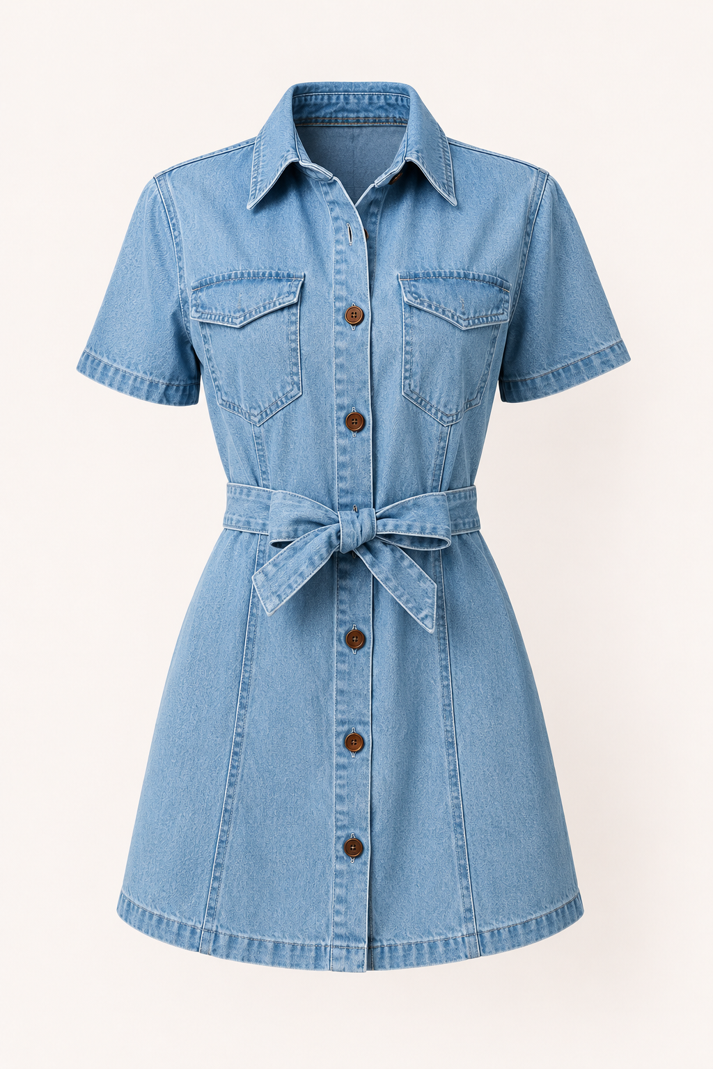 Vestido denim corto mujer manga corta cinturón anudado bolsillos camisero - Tabea