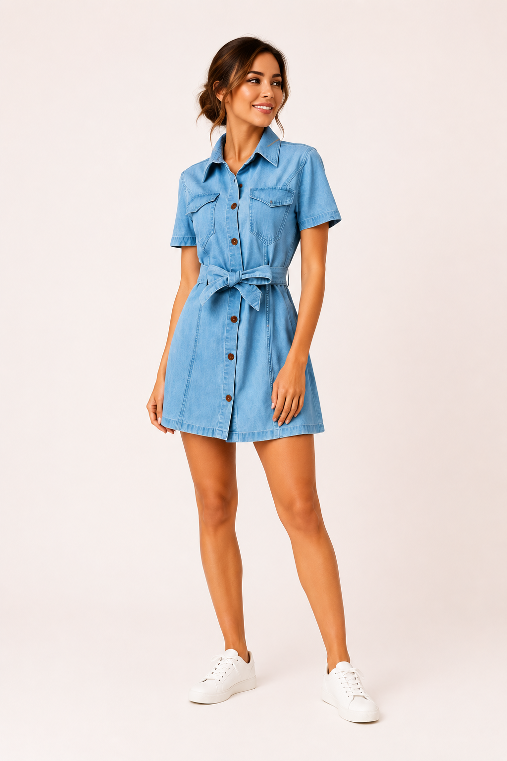 Vestido denim corto mujer manga corta cinturón anudado bolsillos camisero - Tabea