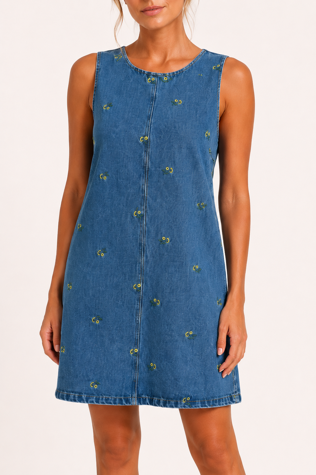 Vestido corto denim mujer sin mangas silueta recta detalles delicados - Leni