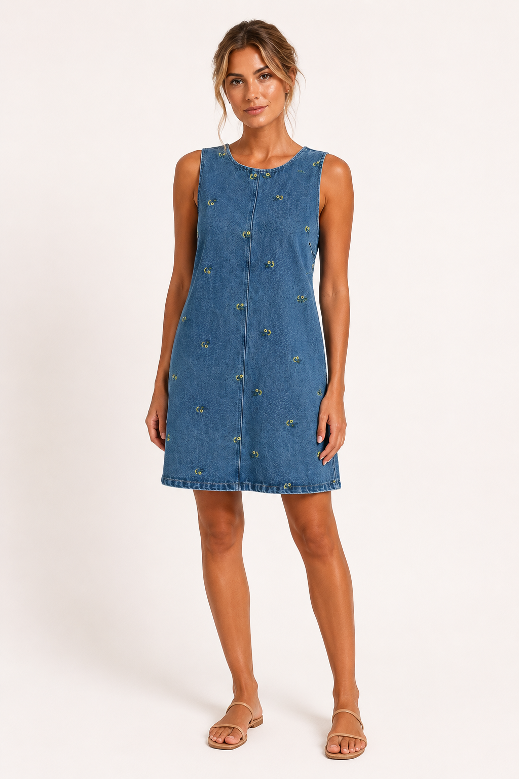 Vestido corto denim mujer sin mangas silueta recta detalles delicados - Leni