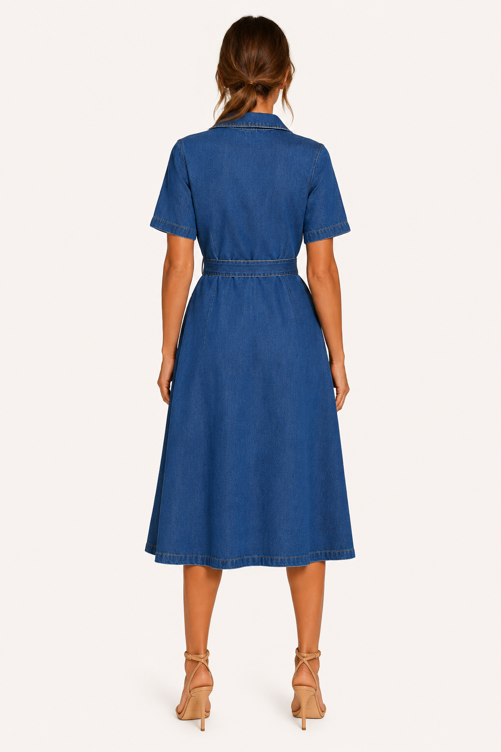 Vestido midi denim mujer cuello solapa manga corta cinturón botones - Klara