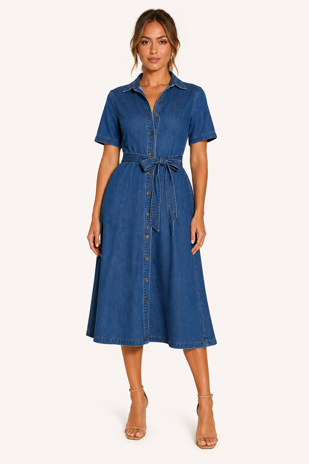Vestido midi denim mujer cuello solapa manga corta cinturón botones - Klara