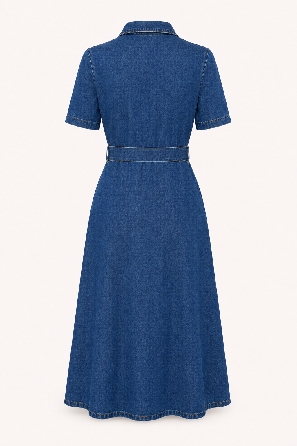 Vestido midi denim mujer cuello solapa manga corta cinturón botones - Klara