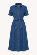 Vestido midi denim mujer cuello solapa manga corta cinturón botones - Klara
