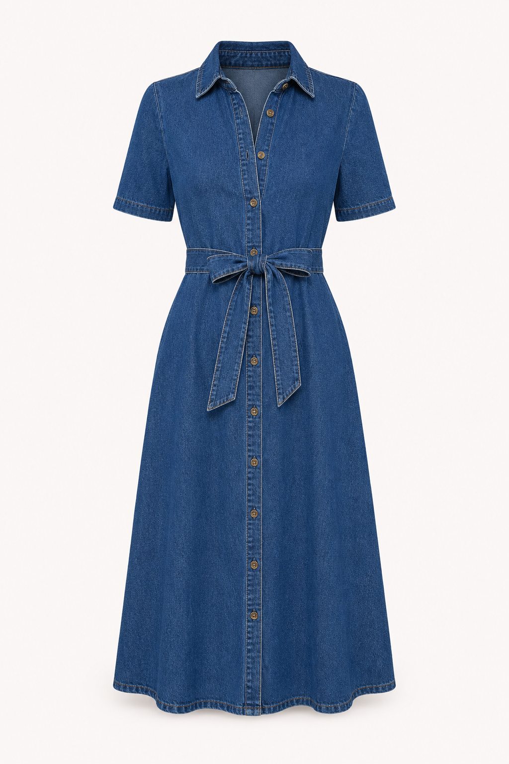 Vestido midi denim mujer cuello solapa manga corta cinturón botones - Klara
