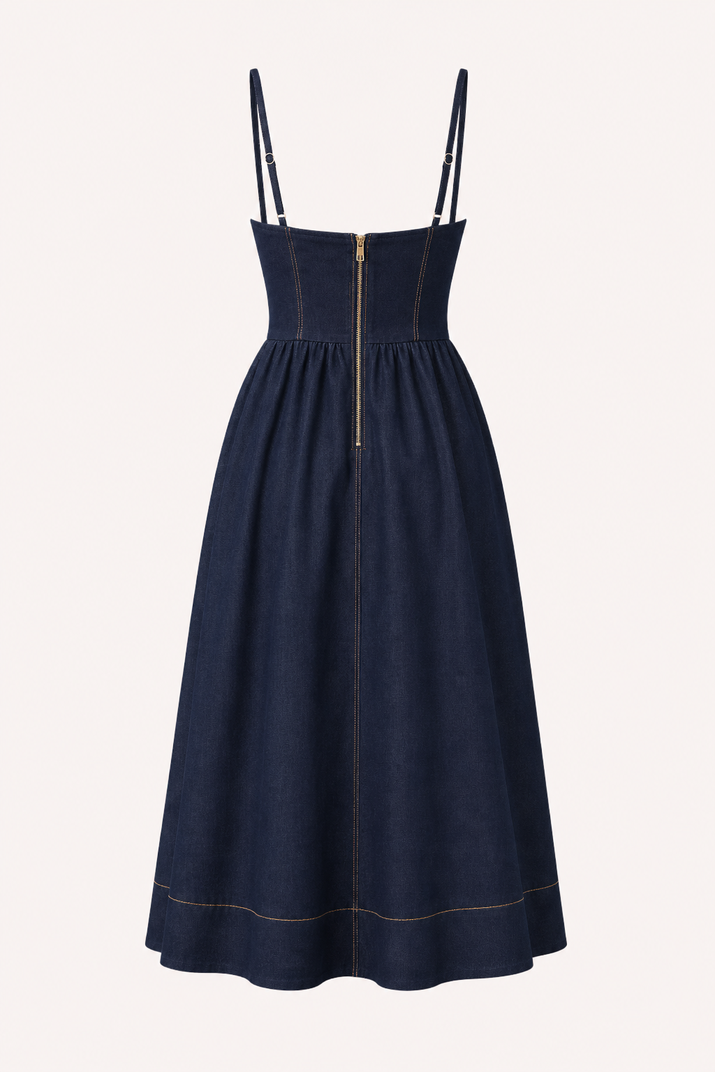 Vestido denim midi mujer tirantes finos escote corazón costuras falda amplia - Helene
