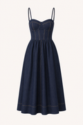Vestido denim midi mujer tirantes finos escote corazón costuras falda amplia - Helene