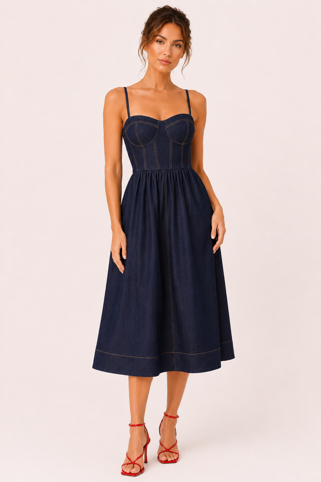 Vestido denim midi mujer tirantes finos escote corazón costuras falda amplia - Helene