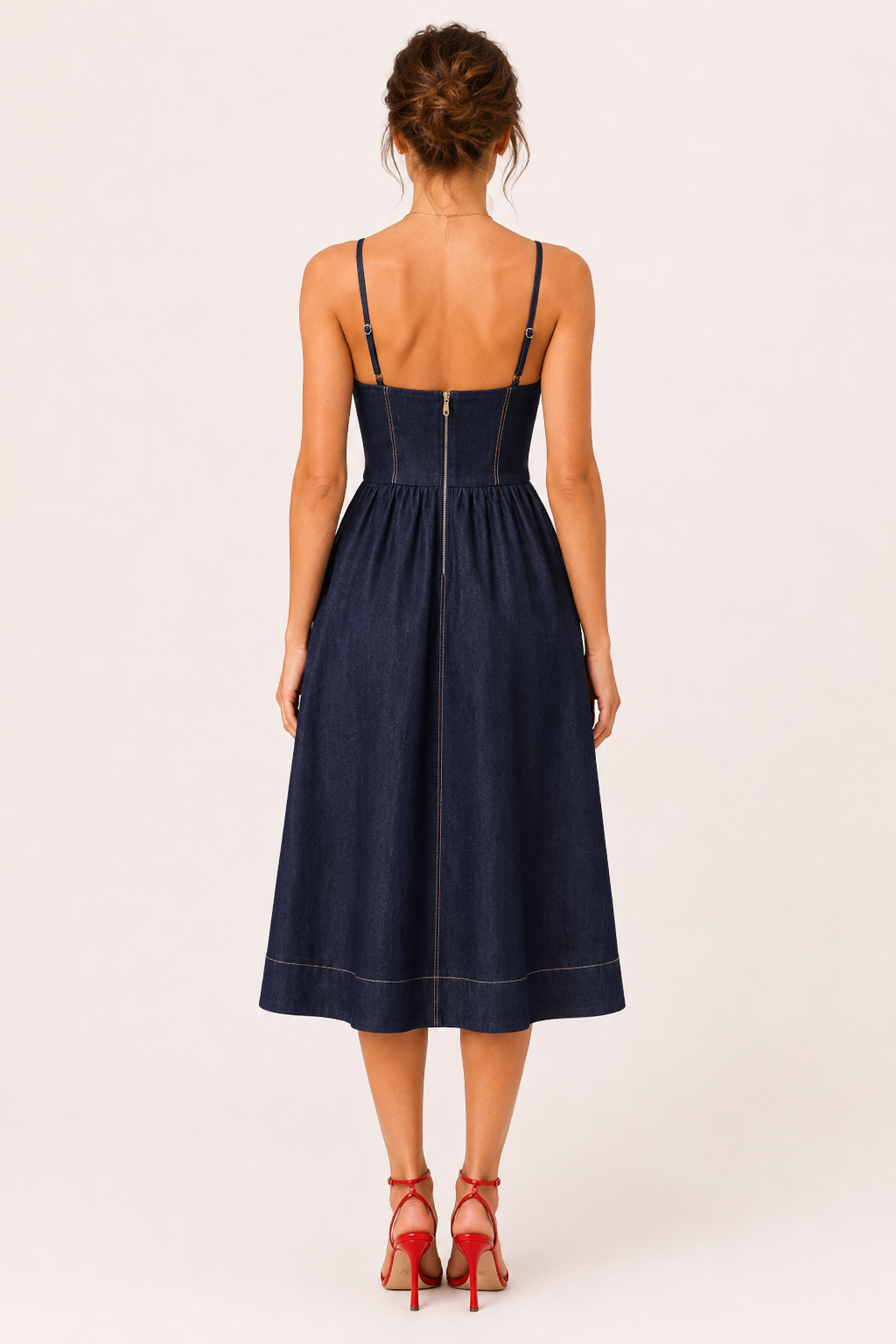 Vestido denim midi mujer tirantes finos escote corazón costuras falda amplia - Helene
