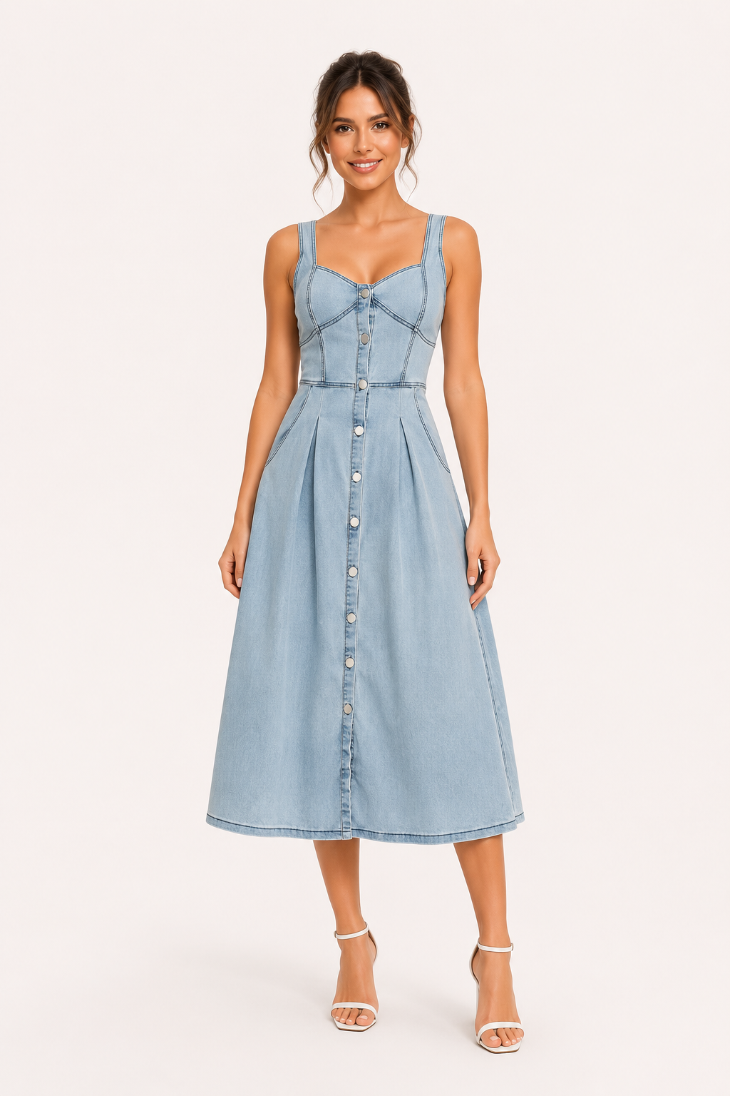 Vestido denim midi mujer tirantes anchos escote marcado botones tablas - Brigitte