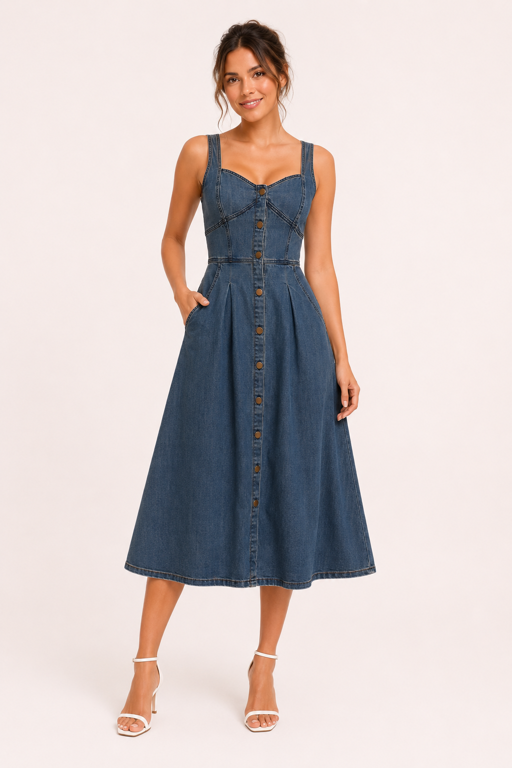 Vestido denim midi mujer tirantes anchos escote marcado botones tablas - Brigitte