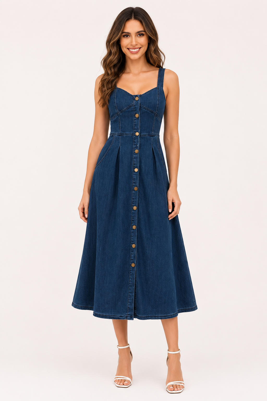 Vestido denim midi mujer tirantes anchos escote marcado botones tablas - Brigitte
