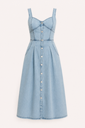 Vestido denim midi mujer tirantes anchos escote marcado botones tablas - Brigitte