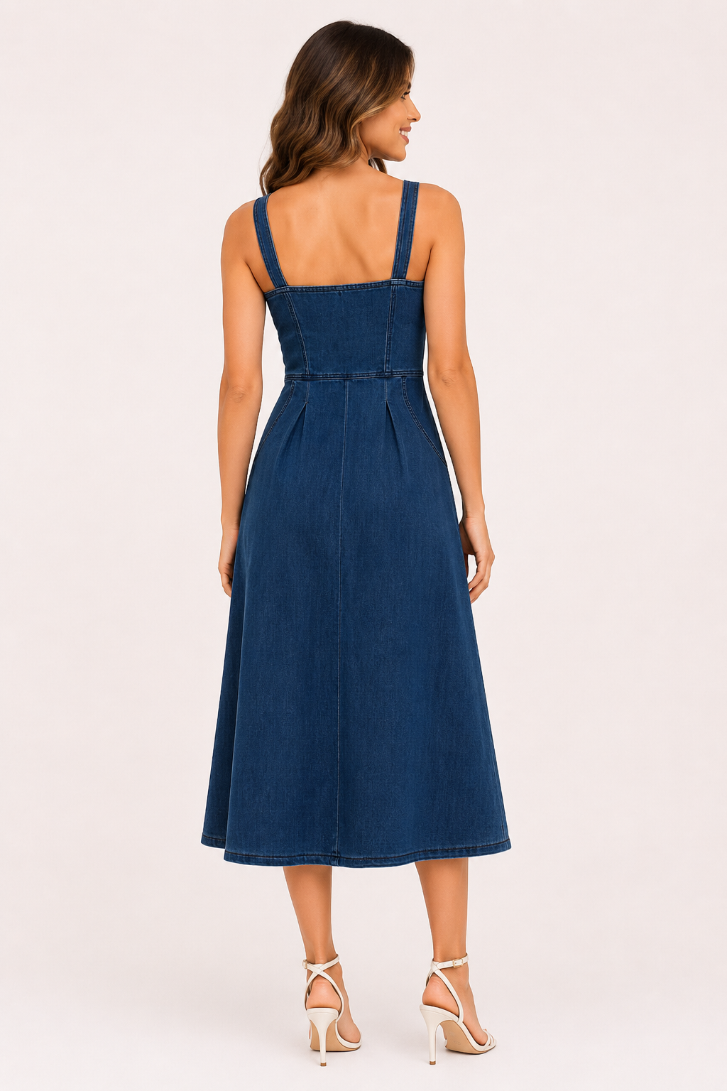 Vestido denim midi mujer tirantes anchos escote marcado botones tablas - Brigitte