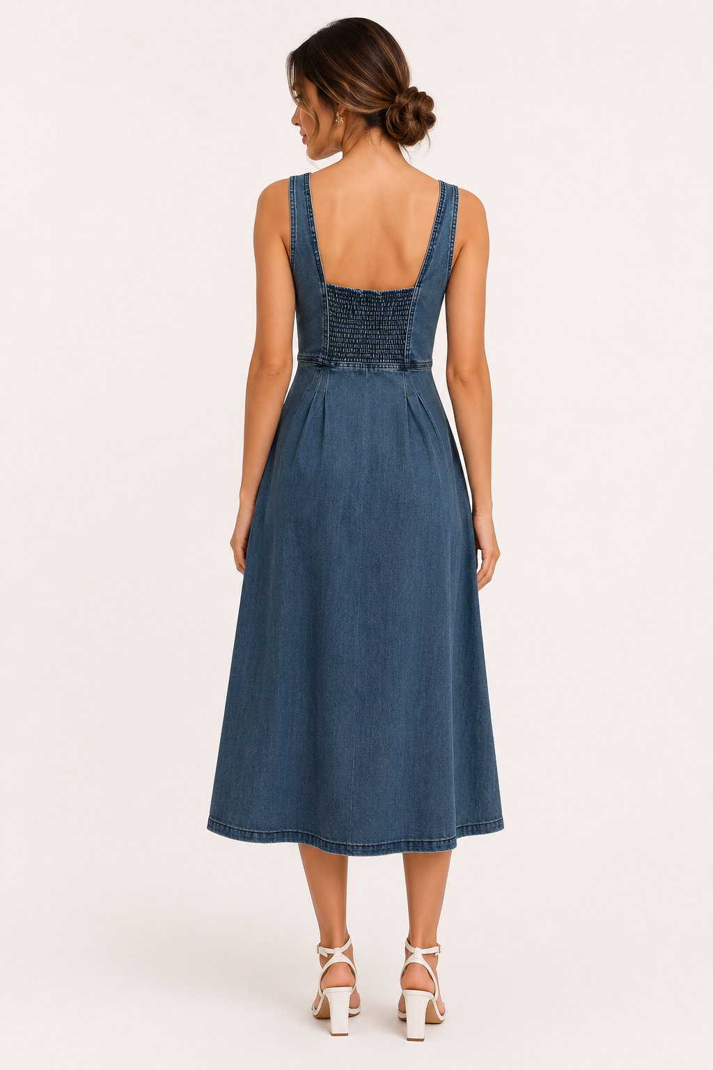 Vestido denim midi mujer tirantes anchos escote marcado botones tablas - Brigitte