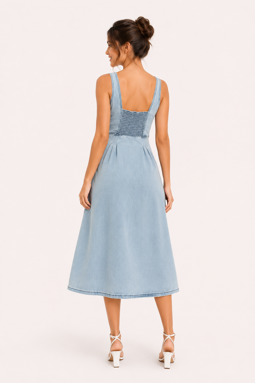 Vestido denim midi mujer tirantes anchos escote marcado botones tablas - Brigitte