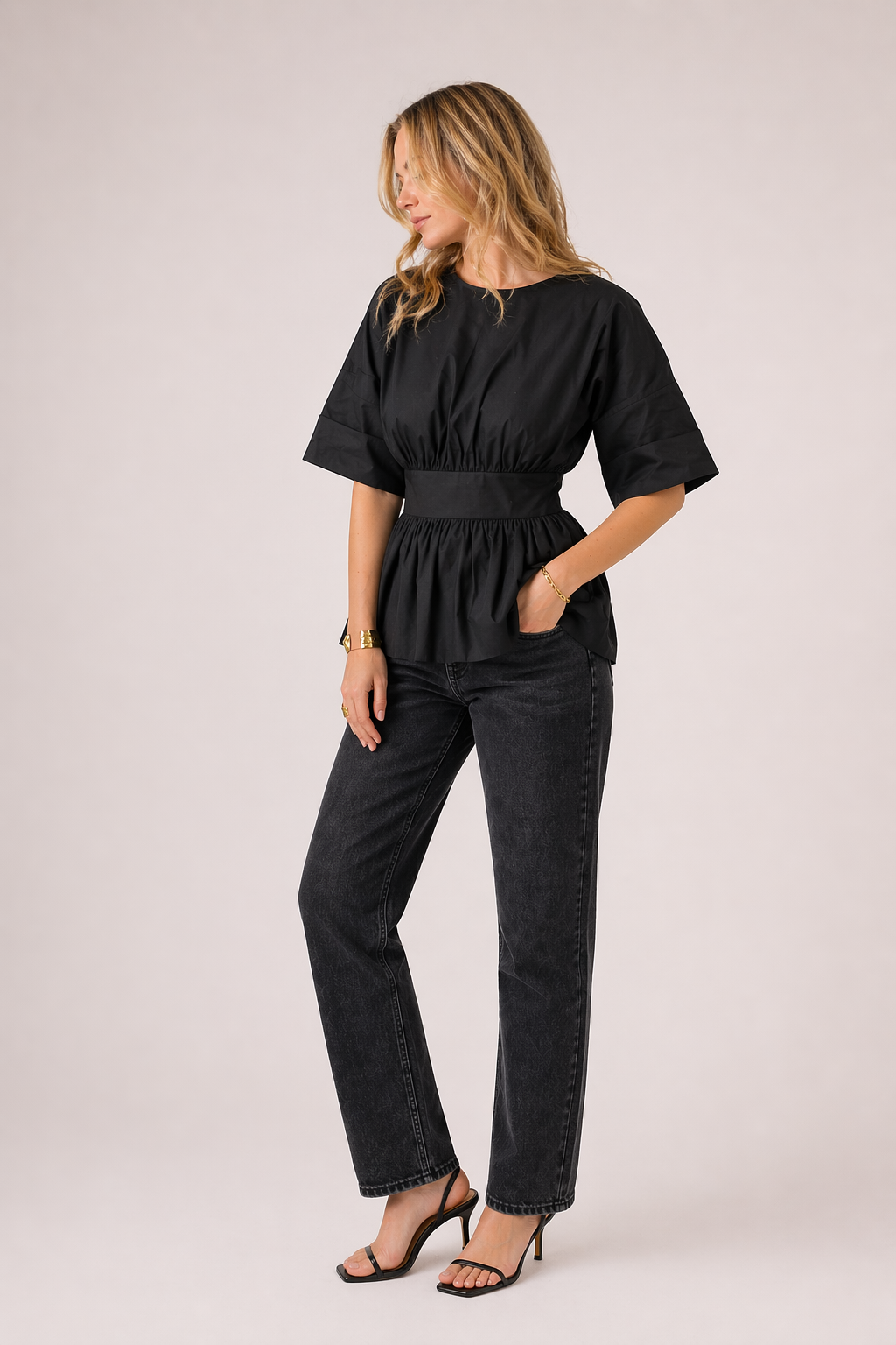 Blusa mujer escote V manga ancha cintura marcada casual verano - Natalia