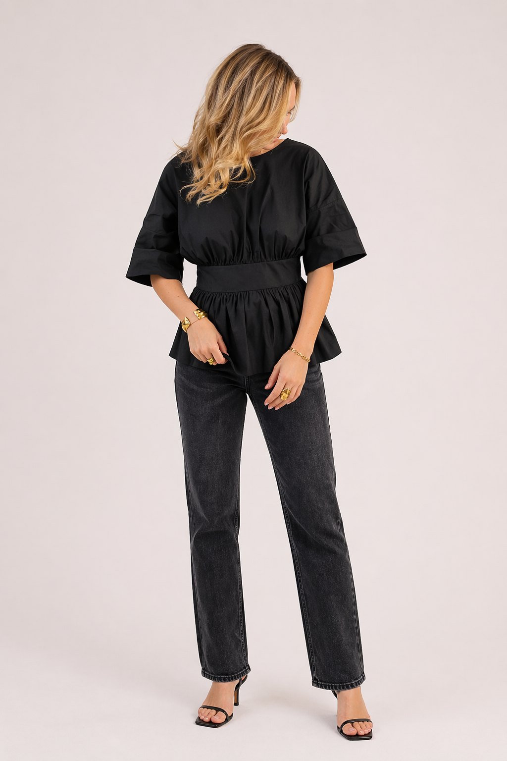 Blusa mujer escote V manga ancha cintura marcada casual verano - Natalia