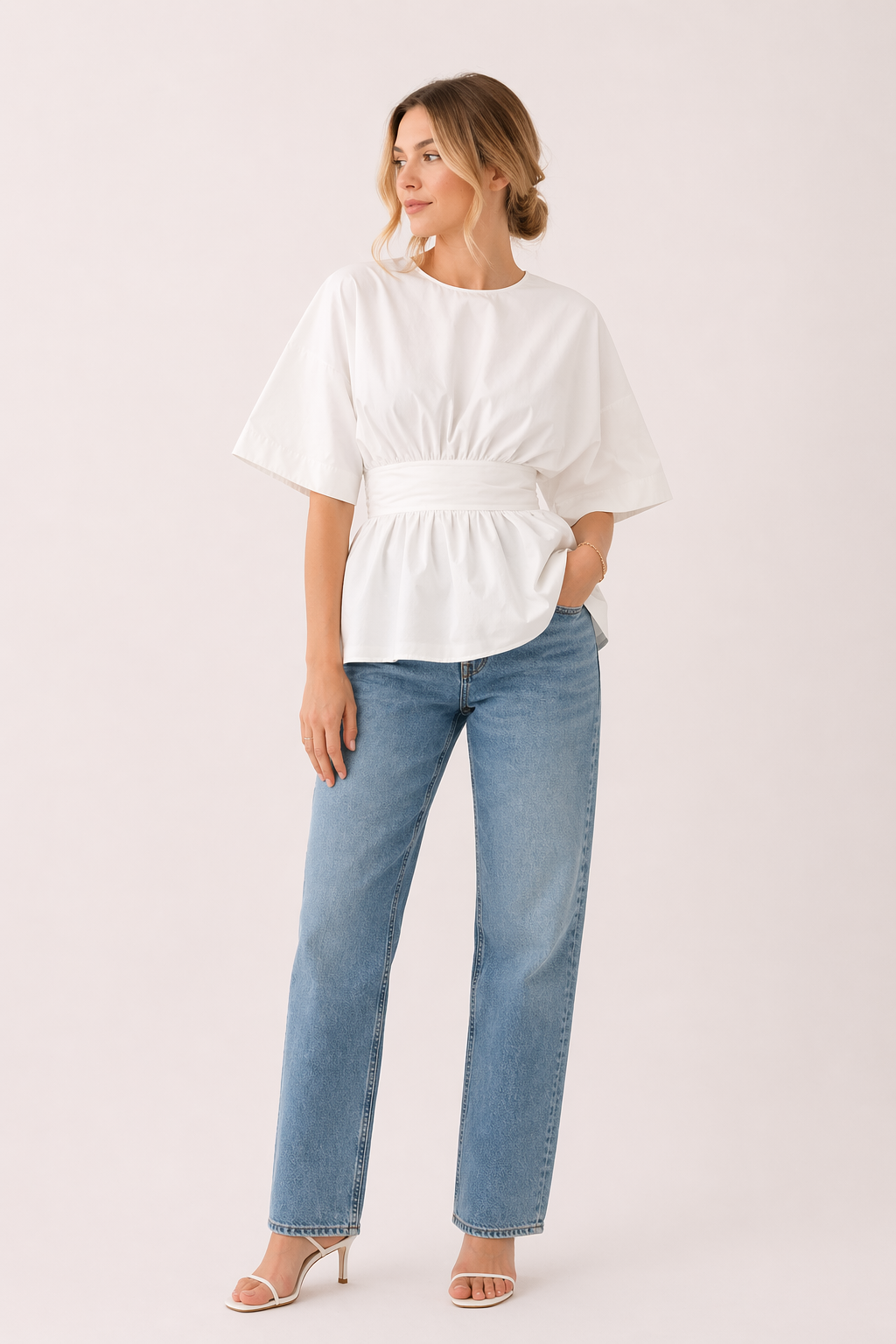 Blusa mujer escote V manga ancha cintura marcada casual verano - Natalia