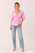 Blusa mujer escote V manga ancha cintura marcada casual verano - Natalia