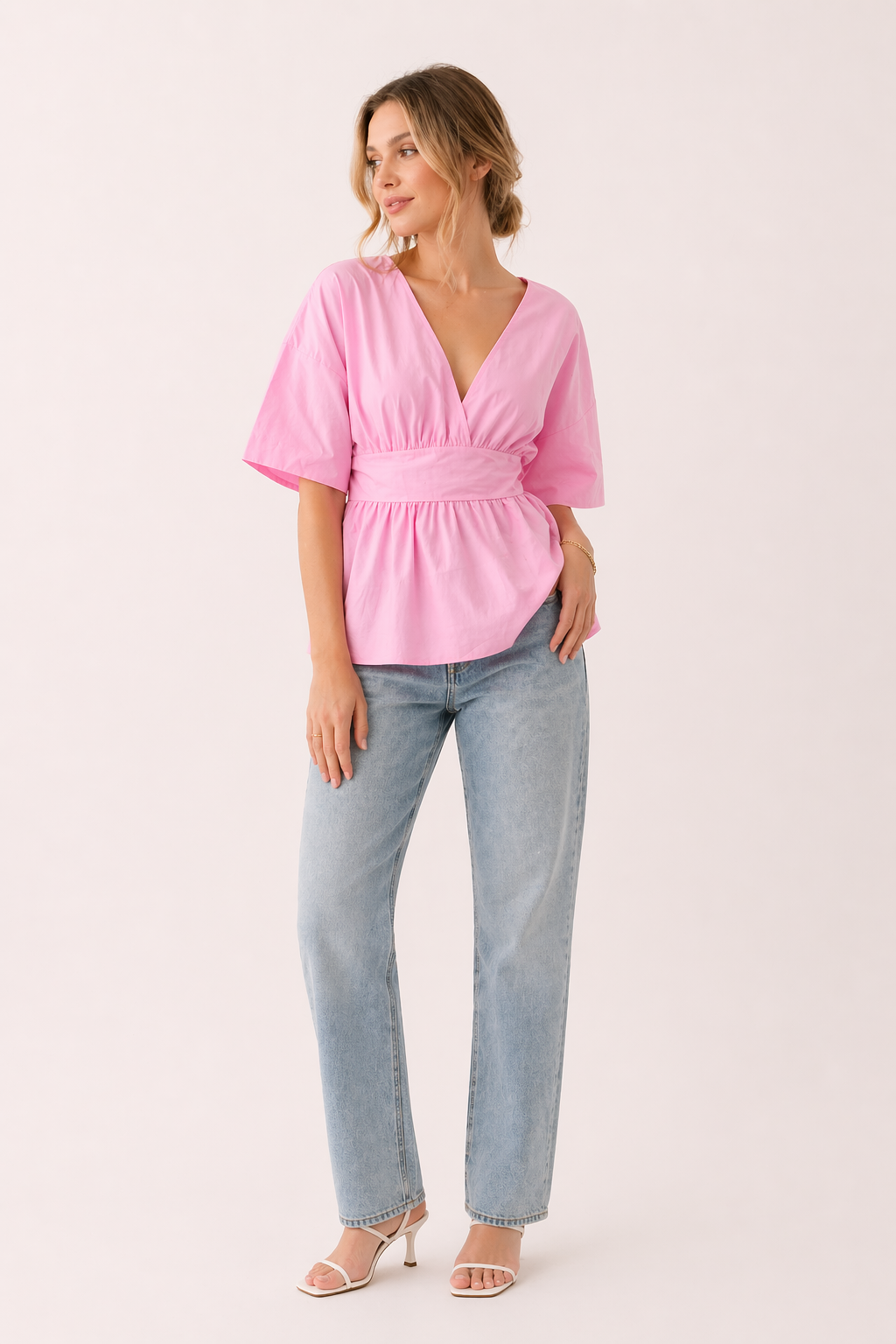 Blusa mujer escote V manga ancha cintura marcada casual verano - Natalia