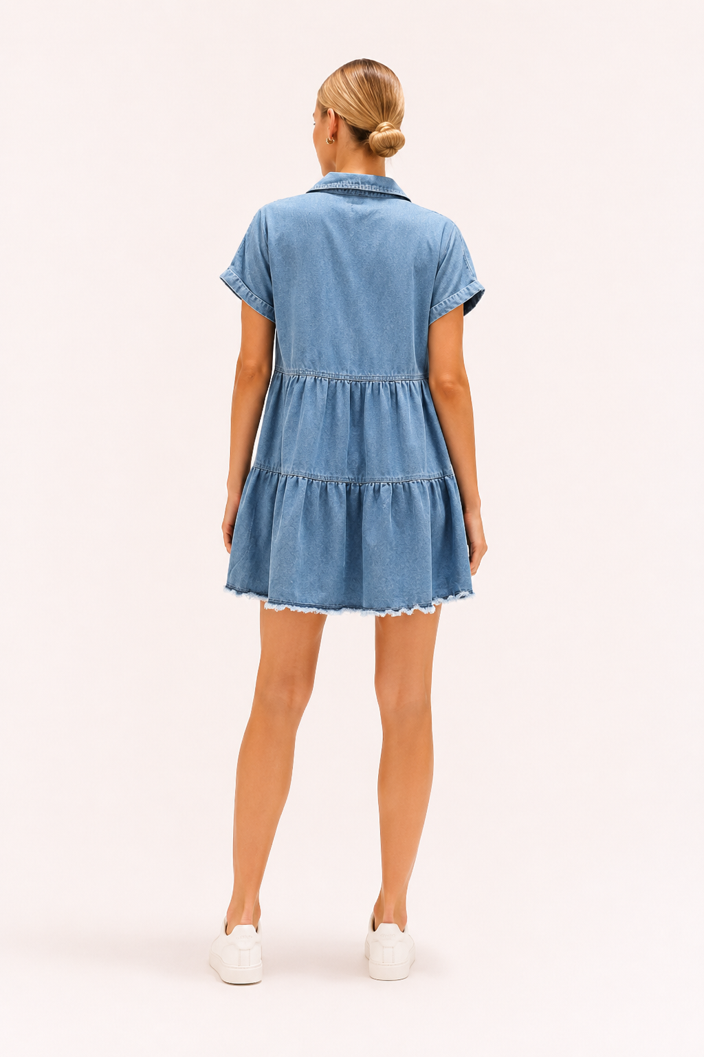 Vestido corto vaquero mujer manga corta bolsillos bajo deshilachado - Heike
